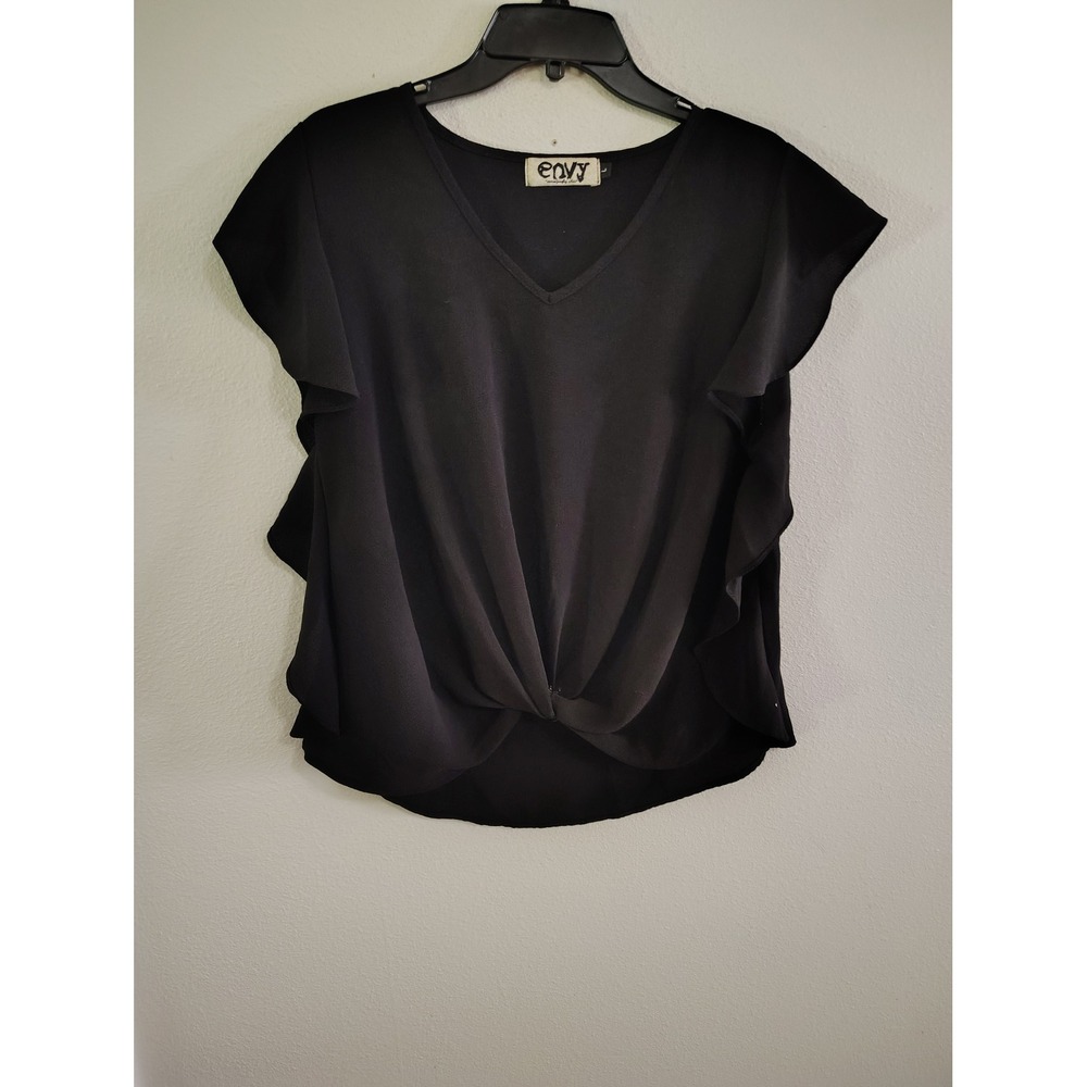 Envy Amazingly Chic Womens Black V-Neck Twist Front Ruffle Side Blouse Top Large